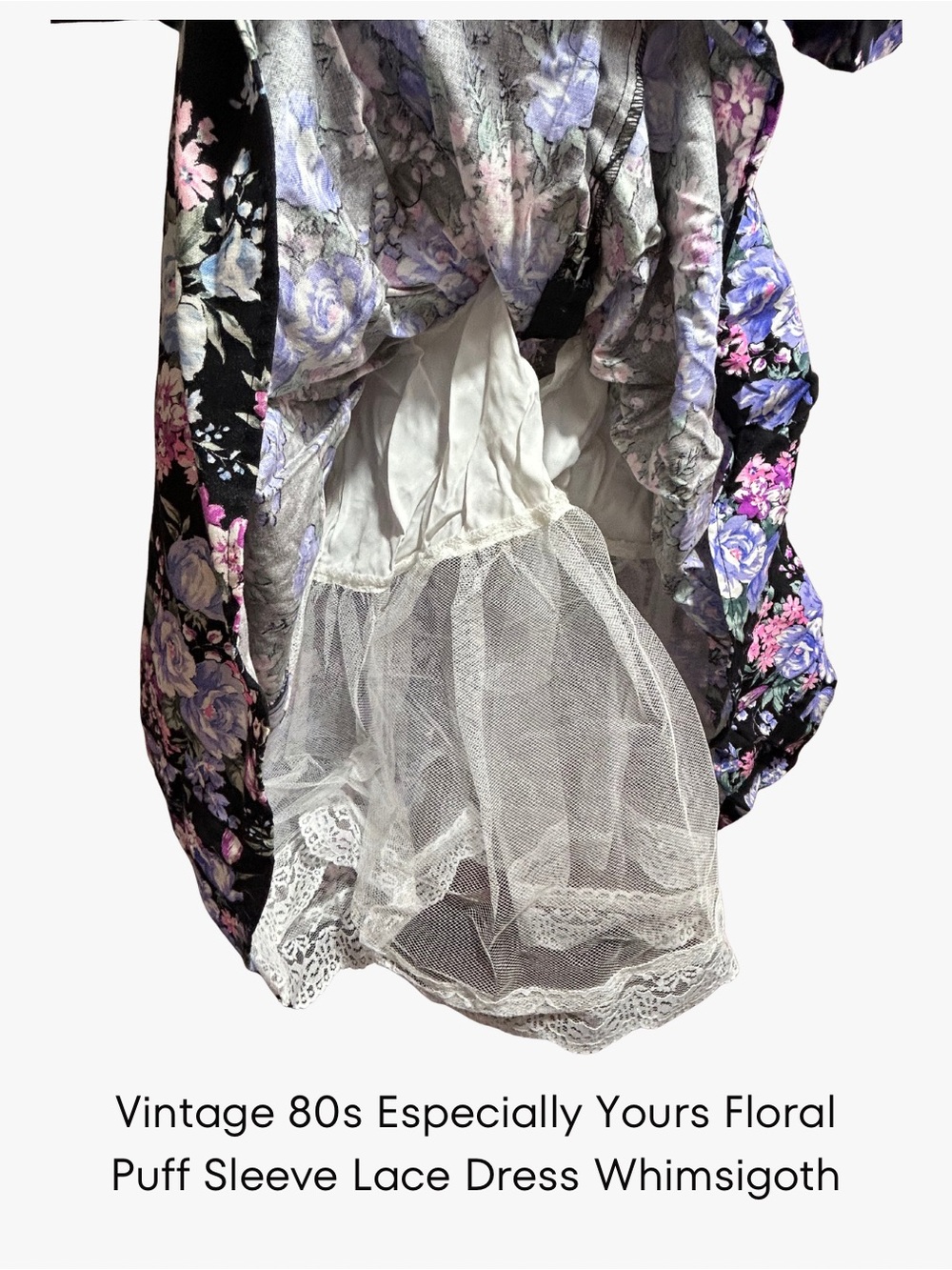 Vintage 80s Especially Yours Floral Puff Sleeve Lace Dress Whimsigoth - Picture 3 of 4